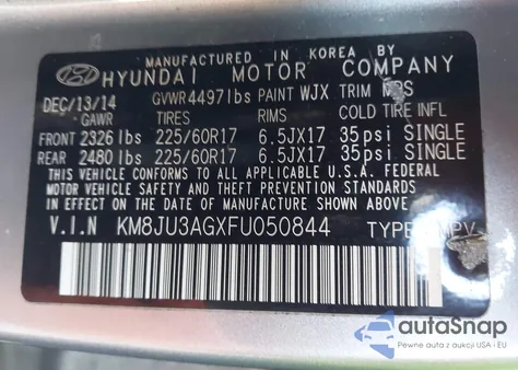 2015 Hyundai Tucson Se из США, поврежденный, VIN KM8JU3AGXFU050844